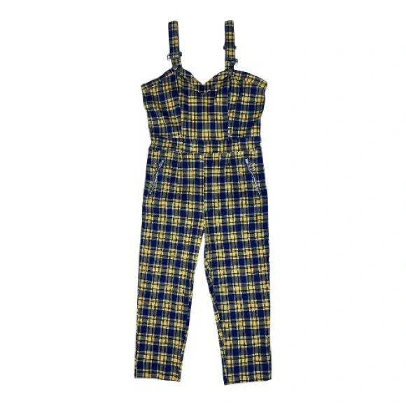 Jawbreaker Punk Pinup Rockabilly Yellow Black Plaid Cropped Jumpsuit 12/14 - XXL - Picture 2 of 9